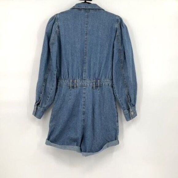Zara Womens Medium Wash Blue Puff Sleeves Button Front Denim Romper XS - Picture 4 of 11